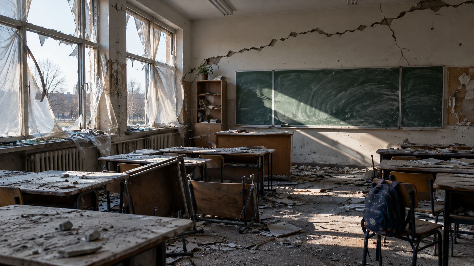 Une salle de classe endommagée, un rayon de soleil sur le tableau