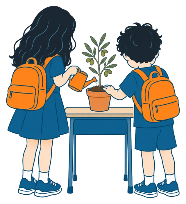 Maylou et Nayou. Ils plantent un olivier minuscule, comme celui du logo.