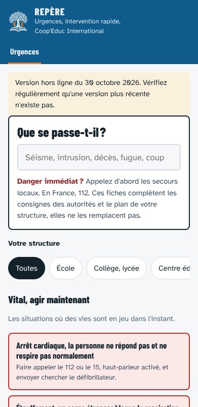Écran d'accueil de Repère, avec la recherche « Que se passe-t-il ? » et les situations vitales